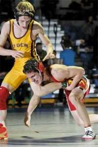 Wildcat Andrew Sypher competes in the WIAA 3A Region I wrestling final at Liberty High School in Renton on Saturday. Sypher lost the 119 pound class by pin.