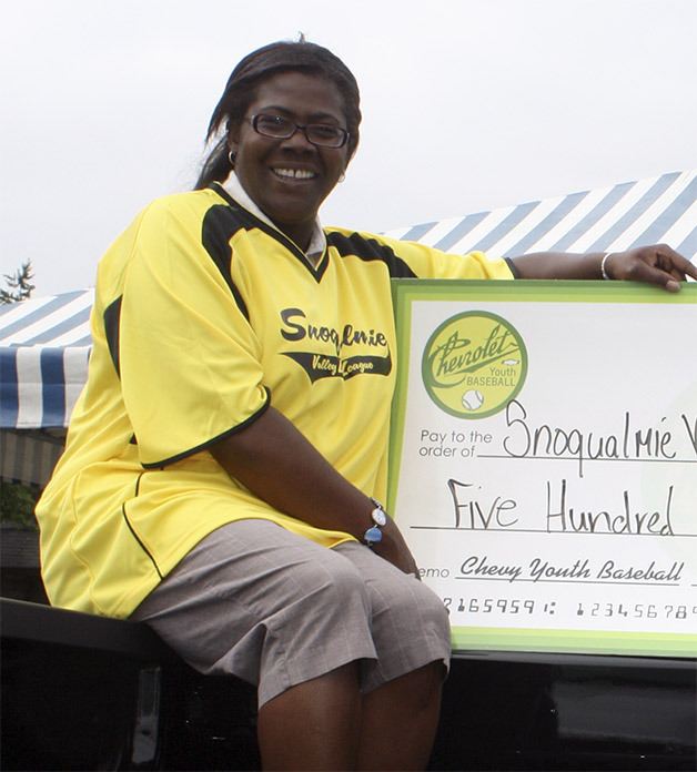 Chaplins' Leesa McKay is the presenter of checks to local sports leagues. Chaplins is starting up its Snoqualmie Valley youth soccer promotion this fall.