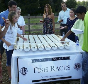 Visitors to Madison Grove Farm’s Merlot in the Meadows benefit check out the goldfish racing track. Madison Grove connects abused horses with families and children to benefit both sides.