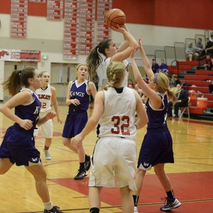 Hayden Frederick goes up for a shot against Lake Washington at home Friday