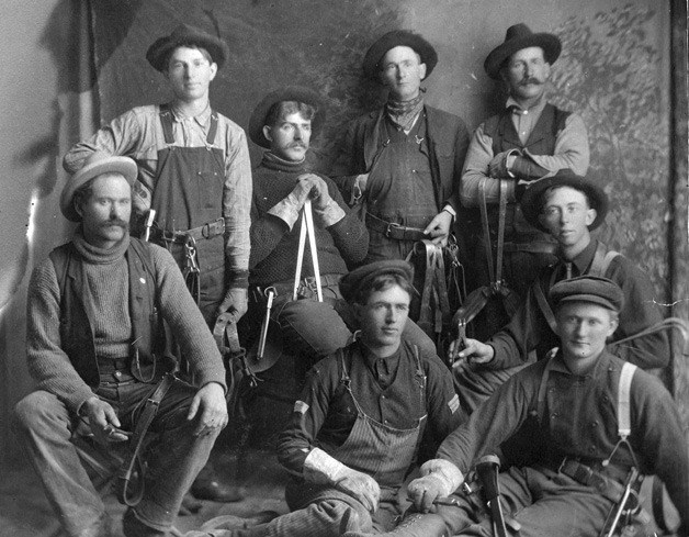 From the Snoqualmie Valley Historical Society's image collection: Electric company linemen with their equipment at Cedar Falls' Seattle City Light plant.