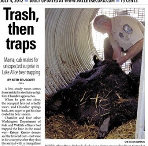 Front-page 2012 coverage of bear trapping just outside of Snoqualmie netted a WNPA award