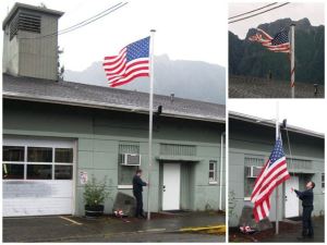 An EFR staffer installs and raises a newly donated U.S. flag at the North Bend fire hall. A recent storm had shredded the aging flag at the hall (top right).