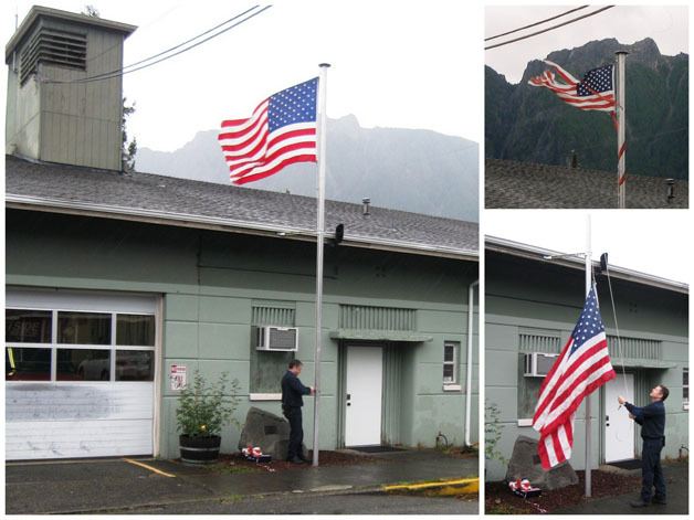 An EFR staffer installs and raises a newly donated U.S. flag at the North Bend fire hall. A recent storm had shredded the aging flag at the hall (top right).