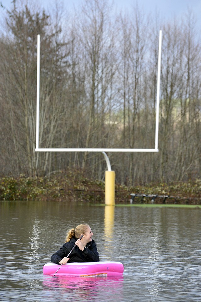 Mikayla Turpin floats on the football field of the Mount Si High School Freshman Campus Wednesday.