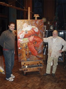 Snoqualmie artist Richard Burhans and Snoqualmie Ridge business owner Steve Pennington survey a new holiday canvas created specially for Pennington’s shop. Burhans and other Snoqualmie Valley ARTS members are partnering with local businesses for a brighter