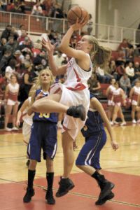 Aubrey Larion soars for the basket during play at home last Friday