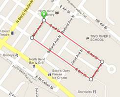 This map shows the closed collegiate cycle sprint course in downtown North Bend