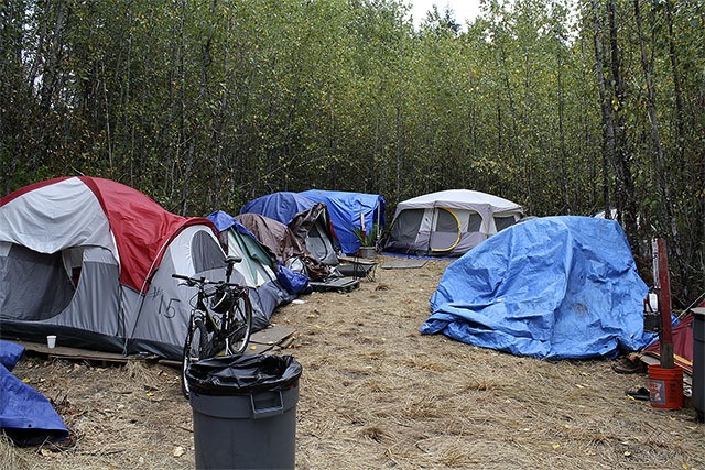 Tents lined up at the new location for Tent City 4 so far house fewer than 40 people. The encampment is expected to stay at its current location until early November.