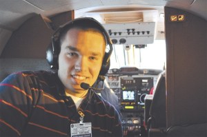 Nathan Storrs gets settled in for a flight to his first internship