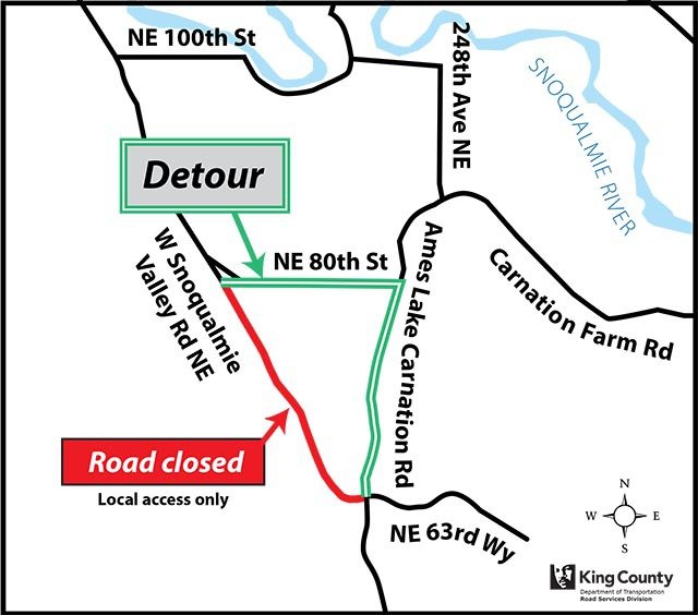 A detour route for the two-stage closure of West Snoqualmie Valley Road Northeast is marked in red. The project will be discussed in detail at an open house Tuesday