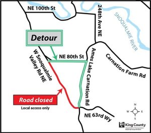 A detour route for the two-stage closure of West Snoqualmie Valley Road Northeast is marked in red. The project will be discussed in detail at an open house Tuesday