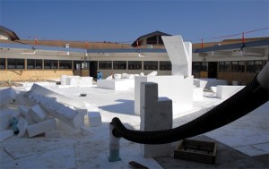 Bright white foam blocks litter the courtyard of Snoqualmie Middle School