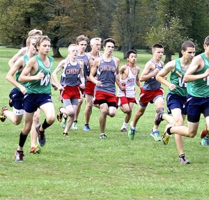 Mount Si boys on the XC squad begin their run on September 24 at Mountain Meadows Farm.