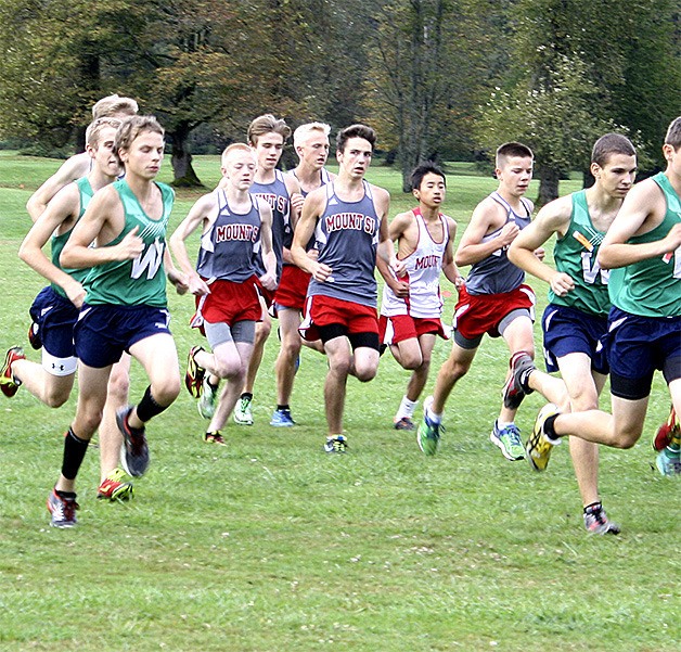Mount Si boys on the XC squad begin their run on September 24 at Mountain Meadows Farm.