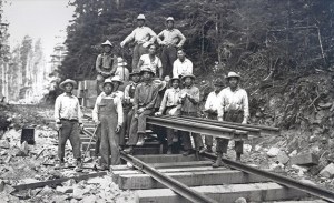 A crew of immigrant Japanese works on a railroad for the Snoqualmie Falls Lumber Company