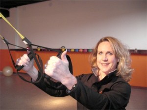 Demonstrating a workout in her new studio