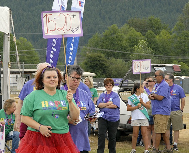 Relay for Life committee member Deanna Haverfield leads a line of purple-shirted cancer survivors in the first lap of the Relay for Life Snoqualmie Valley
