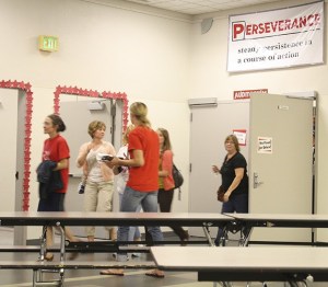 Teachers file out of the Mount Si High auditorium Tuesday evening