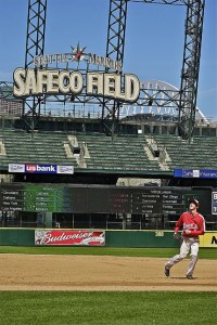 Mount Si’s Cooper Helm eyes the skies at Seattle’s Safeco Field during a Saturday