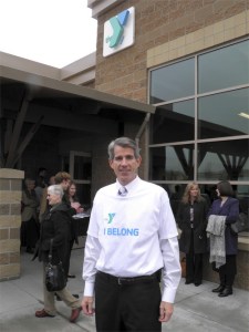 Snoqualmie Mayor Matt Larson wears a Y T-shirt during the February 10 dedication of the new Snoqualmie Valley YMCA