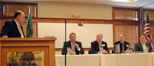 Snoqualmie Valley School District Superintendent Joel Aune talks about bond costs  during the Snoqualmie Valley Chamber luncheon Friday