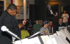 Trombonist Wycliffe Gordon leads students in learning the art of the 'greasy blues' in a jazz lesson at Boxley's Place in North Bend. Boxley's
