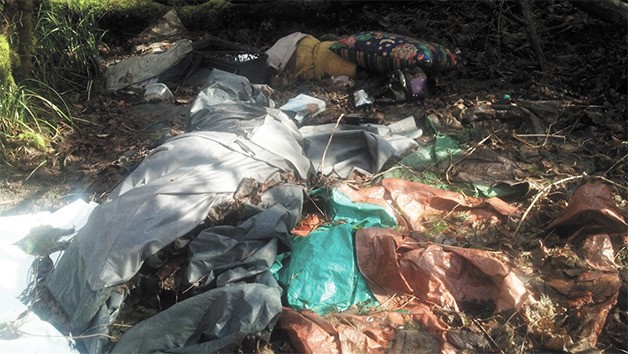 Police found a big mess when they encountered a transient camp near the foot of Snoqualmie Parkway earlier this year. The city is considering a camp ban.