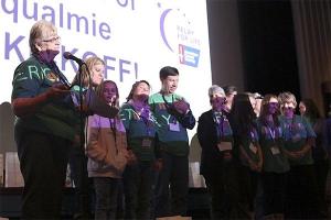 Relay for Life Snoqualmie Valley chairperson Bev Jorgensen introduced Relay collaborators and volunteers during the 2015 kick-off event.