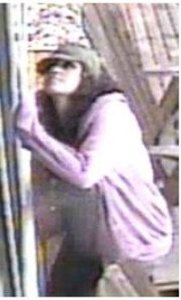 A surveillance camera image shows a woman believed to be involved in two North Bend burglaries last week. Below