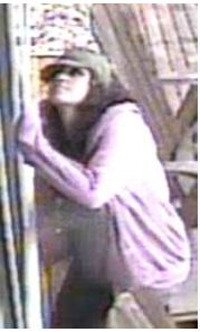 A surveillance camera image shows a woman believed to be involved in two North Bend burglaries last week. Below