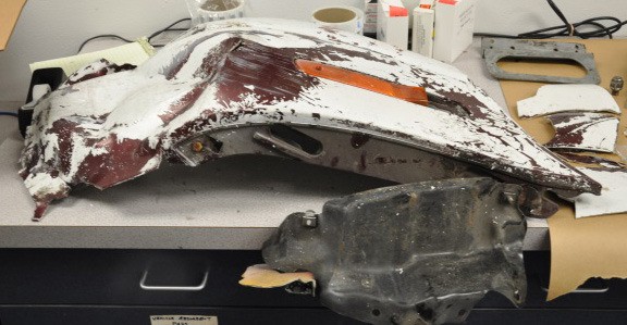 The bumper of a white Saturn fell off the car after it collided with a state patrol vehicle at the S.R. 18 intersection with I-90 Tuesday morning. The vehicle then left the scene and the state patrol is seeking information on the driver.