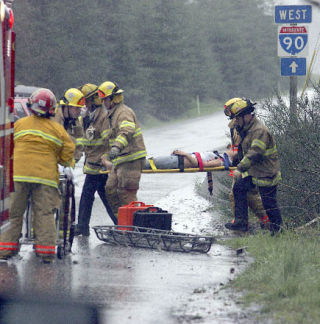 A car crash near the westbound ramp at Interstate 90’s exit 27 sent three people to the hospital