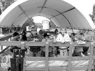 A group of parents and children head out to the field for a “farm school” activity at Jubilee Farm in Carnation. The farm provides farm school each pick-up day.