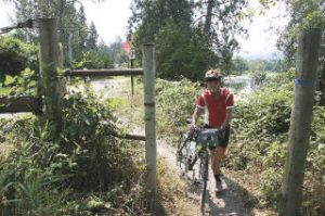 Cyclist Arnie Cohen enters the trail connection at 39th Street in Fall City