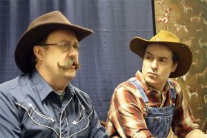 Michael Murdock (left) and Rene Schuchter begin Greater Tuna as radio hosts Arles Struvie and Thurston Wheelis.