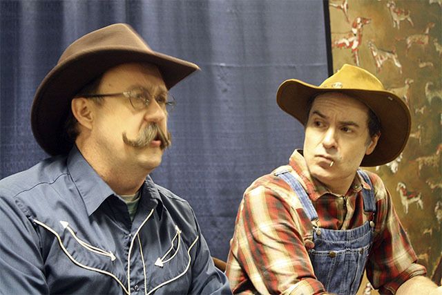 Michael Murdock (left) and Rene Schuchter begin Greater Tuna as radio hosts Arles Struvie and Thurston Wheelis.