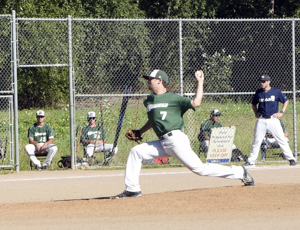 Carol Ladwig/Staff PhotoPitcher Mitch Eatmon starts off the Northwest Honkers game against the Highline Bears