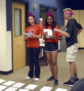 Link Crew leaders Jessica Vollbrecht and Adya Kumar direct students in a game Friday