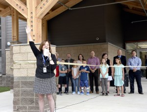 Carol Ladwig/Staff PhotoTimber Ridge Elementary School Principal Amy Wright calls for quiet as she welcomes students