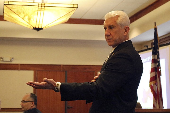 U.S. Congressman Dave Reichert speaks to the attendants of the Snoqualmie Valley Chamber of Commerce luncheon about some of the projects he has been working on.