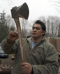 David Moses readies an axe at his training grounds in 2012. The Snoqualmie timber athlete is at the Stihl world championships this week.
