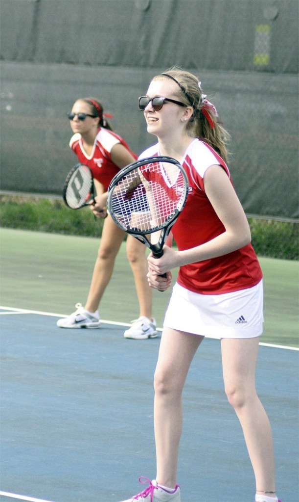 Mount Si second doubles team Annie McCall and Jessica Graves await a serve on the court. They won their set in a third-round victory.