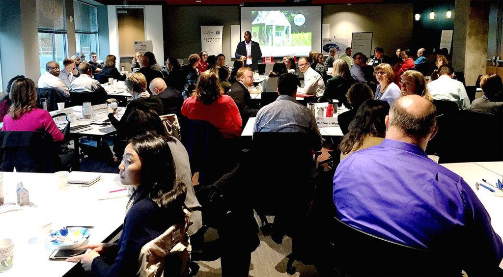Participants gather Oct. 13 in Bellevue for a discussion, hosted by Leadership Eastside, on the economy and basic needs.                                Courtesy Photo