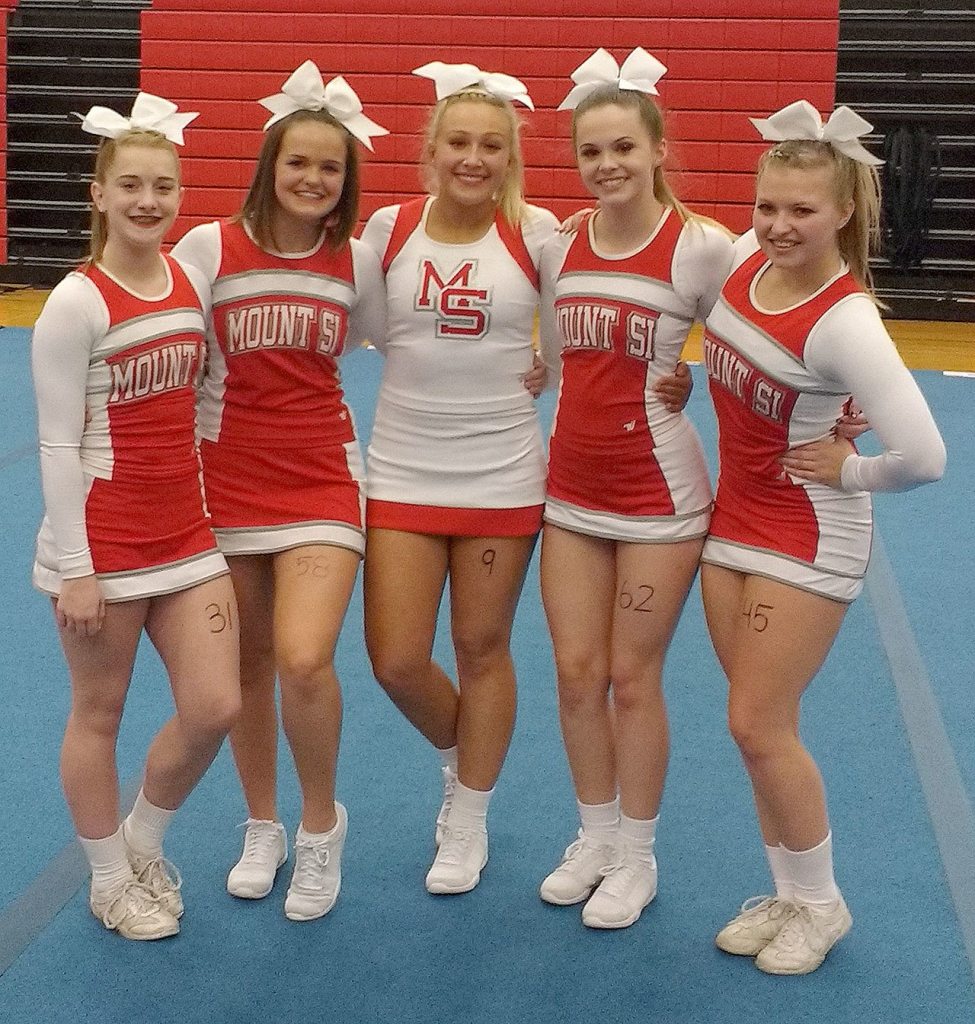 Home competitors in the Nov. 10 Washington All State Cheer Competition, hosted at Mount Si High School, were Abby Mandella, Avery Barrett, Halle Nicholson, Erin Wollerton and Annie Bluher.