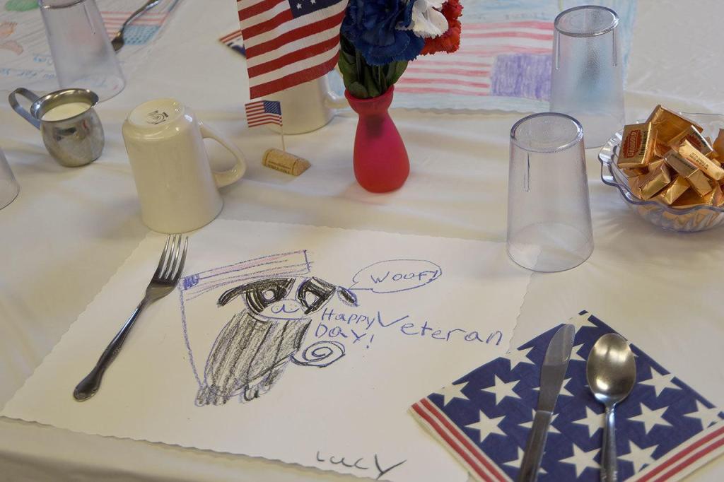 Placemats decorated by students from a local elementary school were part of the festive table arrangements at the Sno-Valley Senior Center&rsquo;s Veterans Day breakfast Friday.