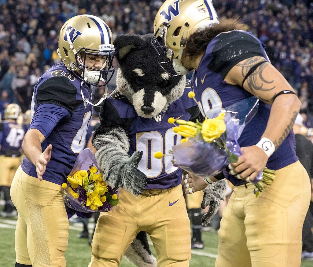 Cameron Van Winkle (left), Harry the Husky and Psalm Wooching meet at midfield before Saturday&rsquo;s game at Husky Stadium during Senior Day festivities.                                James Gibowski Photo