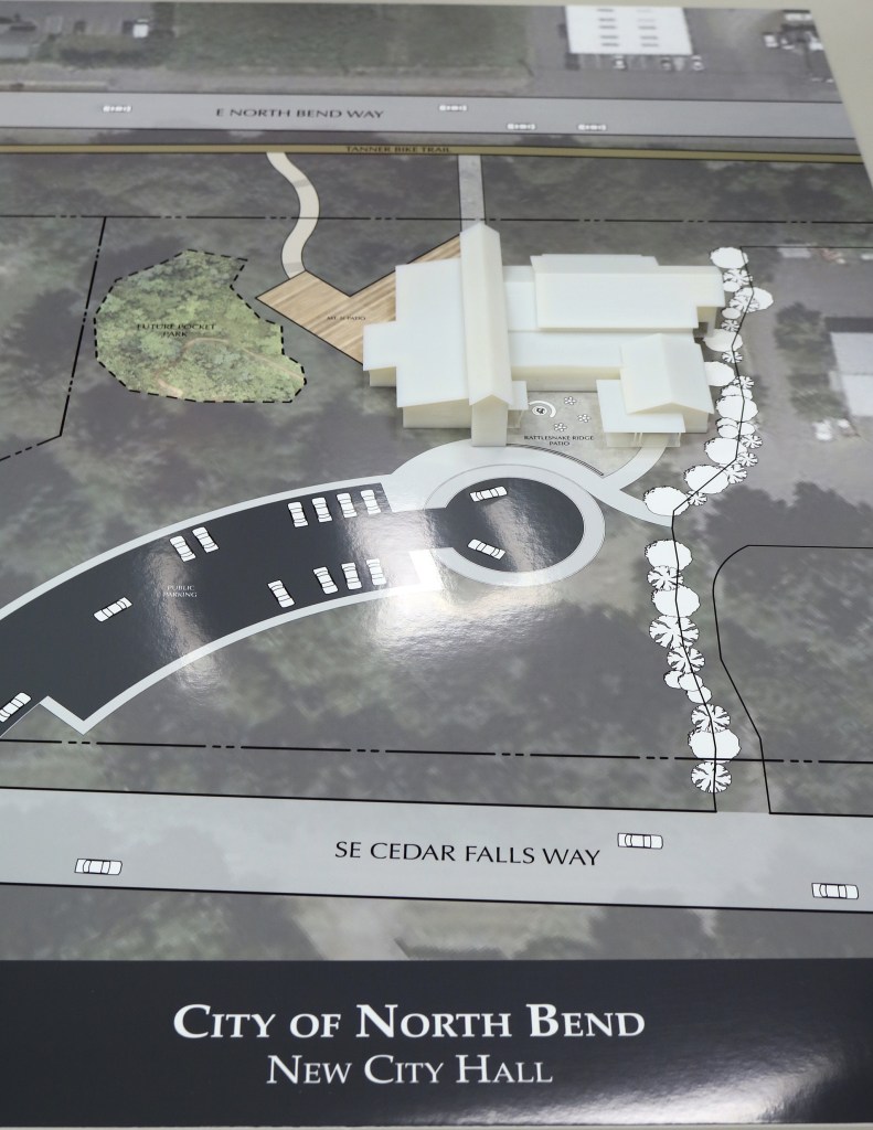 Evan Pappas/Staff Photo                                A preliminary design for the new North Bend City Hall by Lawhead Architects was on display during the city&rsquo;s Oct. 25 open house on city hall designs. Lawhead has been selected as the architect for the city hall project.