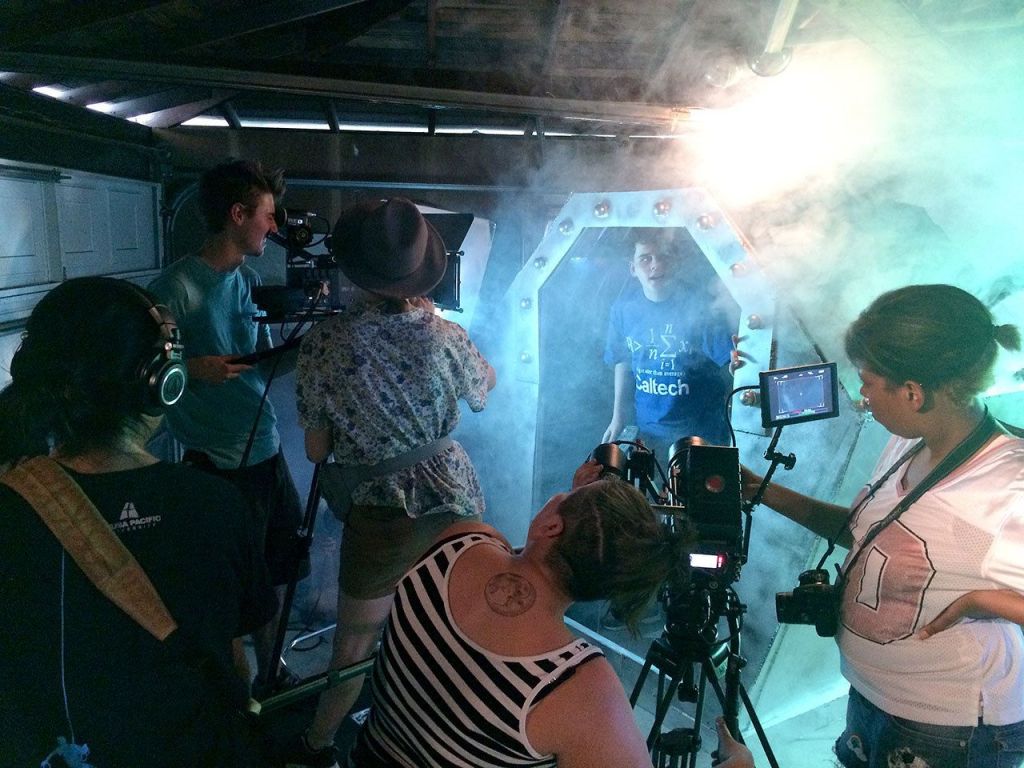 The crew films a scene featuring Keegan (Luke Darga) in the teleporter. Courtesy Photo