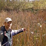 Joel Green Photo                                Matt Distler, Restoration Coordinator at Oxbow Farm, points out the bulrushes in the restored wetland on the farm.